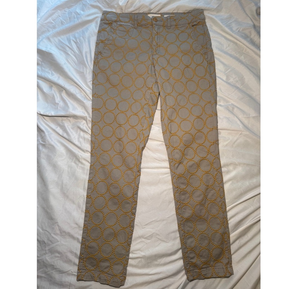 Anthropologie Embroidered Chino Relaxed Pants Womens 28 TanYellow Circle‎ Boho